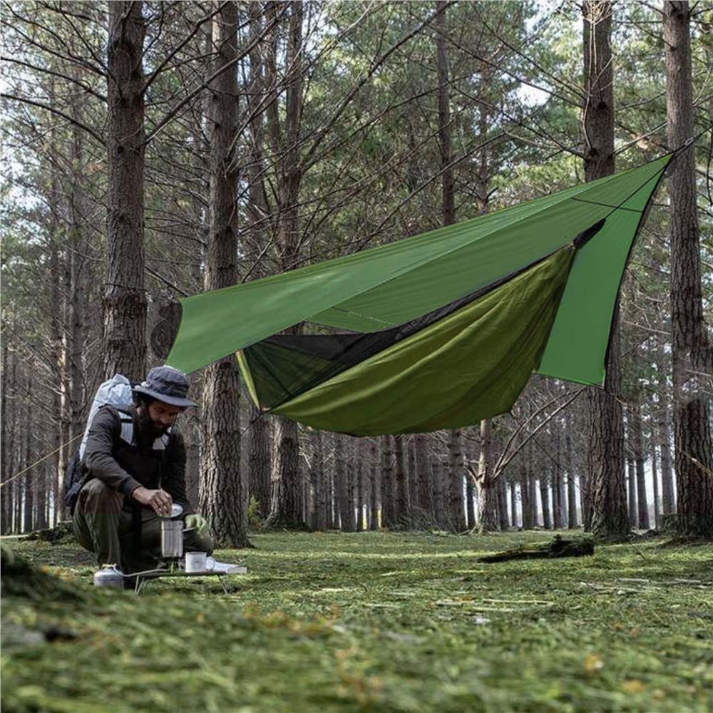 Hamac dublu din material parasuta 140x260cm, cu plasa de tantari si baldachin impermeabil, 200kg, verde