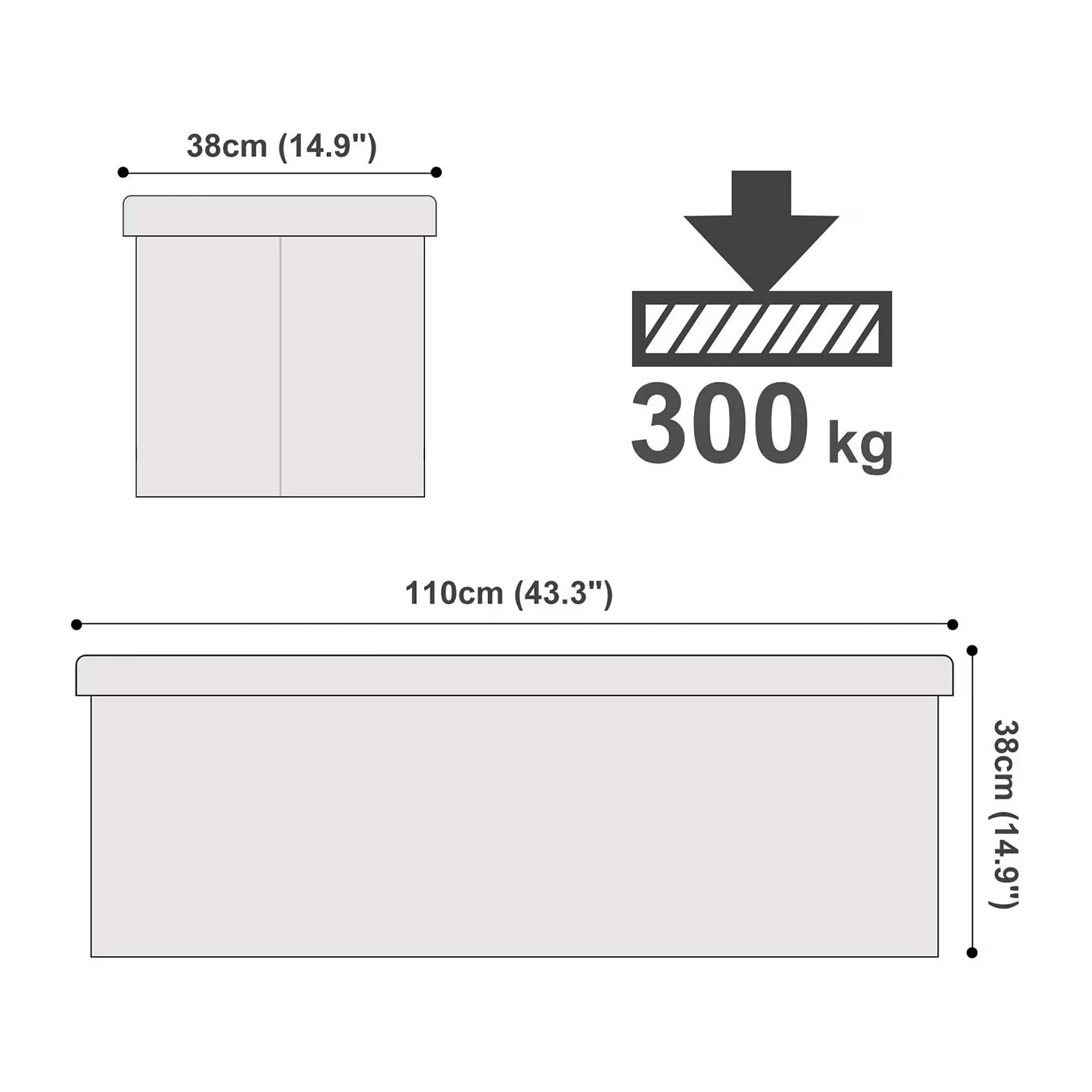 SONGMICS Taburet pliabil cu sezut moale, spatiu de depozitare 120litri, maxim 300kg, 110x38x38cm, alb