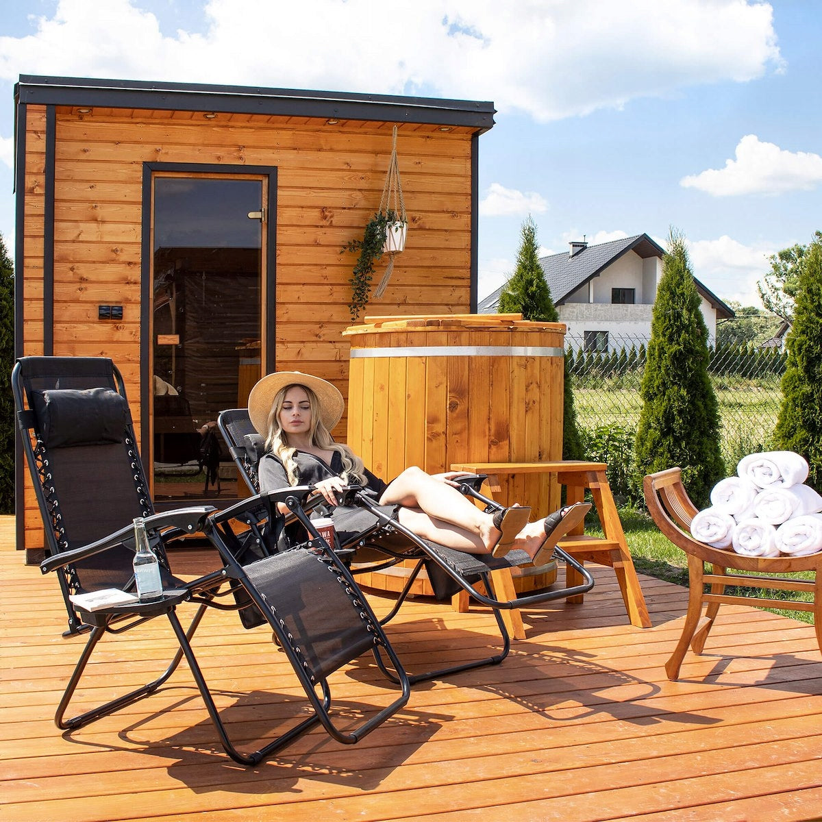 Sezlong scaun pliant plaja sau gradina, Siesta, gravitatie zero, cu tetiera, 175x67x110 cm, negru