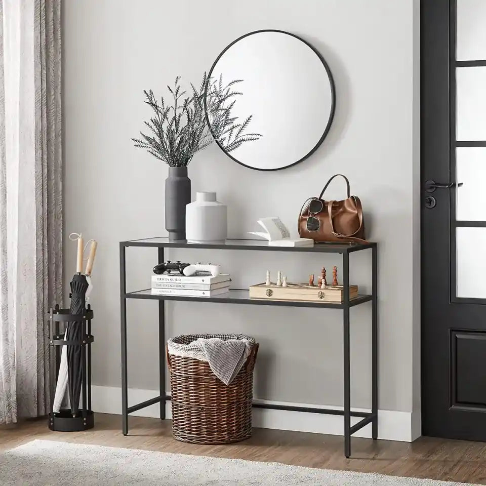 VASAGLE Masa de intrare, pe 2 nivele, blat din sticla securizata, cadru metalic, 35x100x80cm, negru