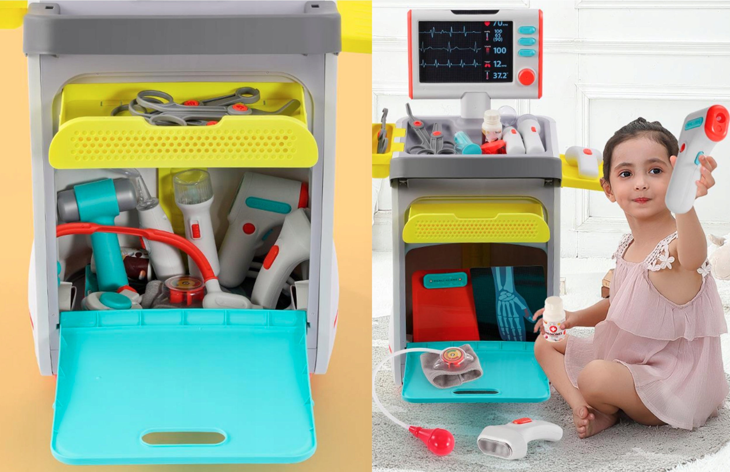 Set de joaca, carucior medical cu aparatura si instrumente, cu sunete si lumini