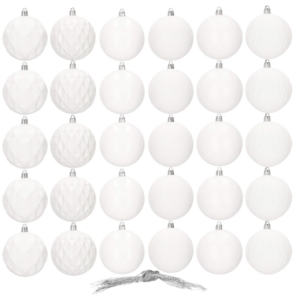 Set globuri de Craciun, 30 bucati, 8cm, 6 modele, alb
