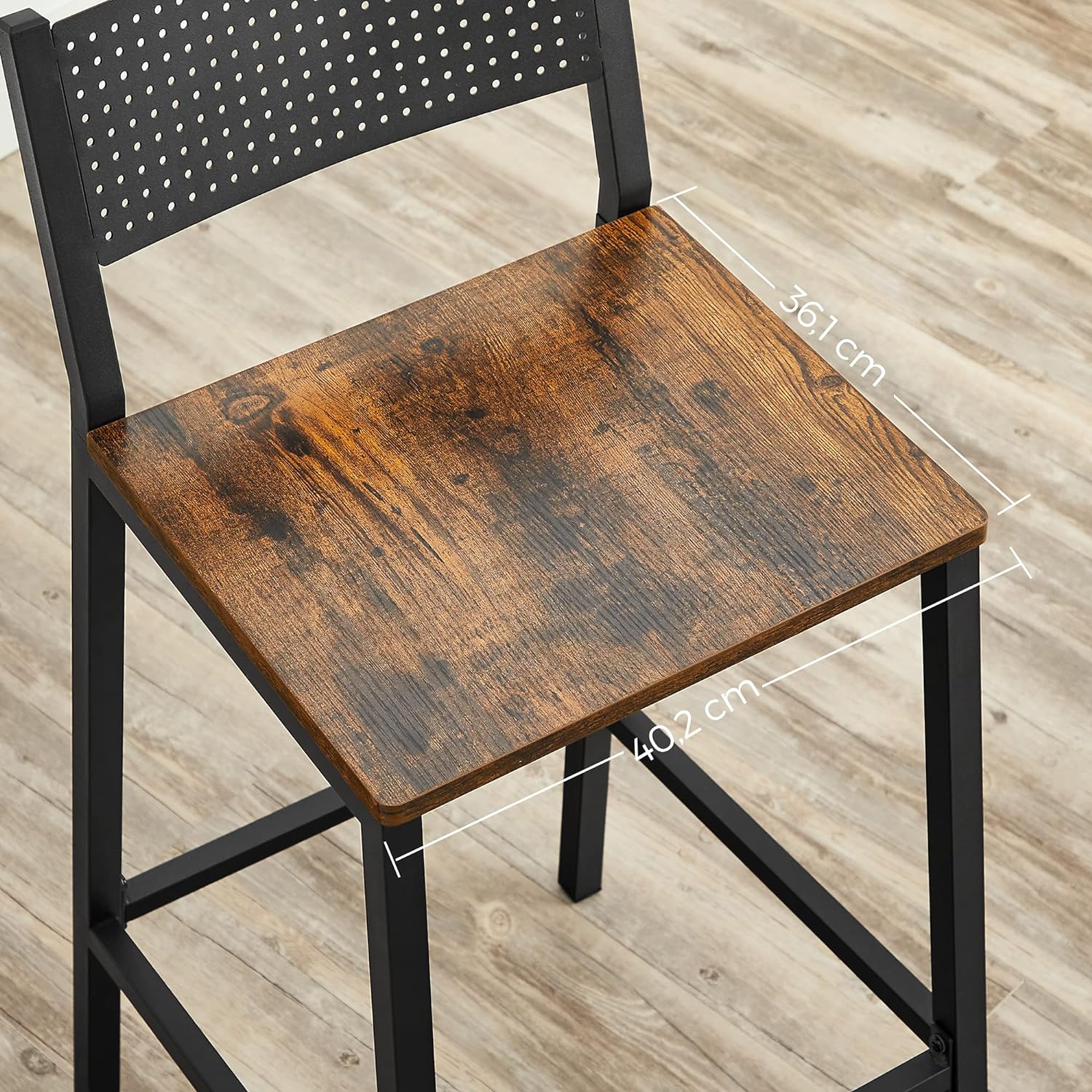 VASAGLE Set 2 scaune de bar, inalte cu spatar, cadru metalic, sezut MDF, industrial, 51x43x97cm, maro rustic si negru