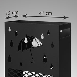 SONGMICS Suport metalic pentru umbrele, cu carlige si tava de picurare, 28x12x41cm, negru