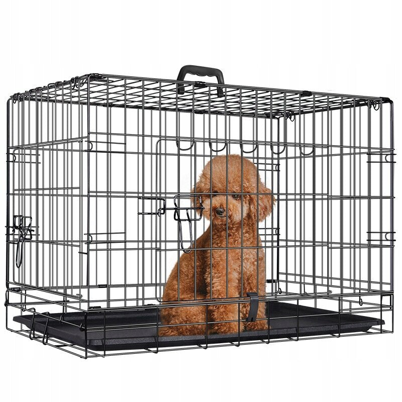 Cusca pentru animale, 2 usi, Pliabila din metal, L, Negru, 61x49x42 cm