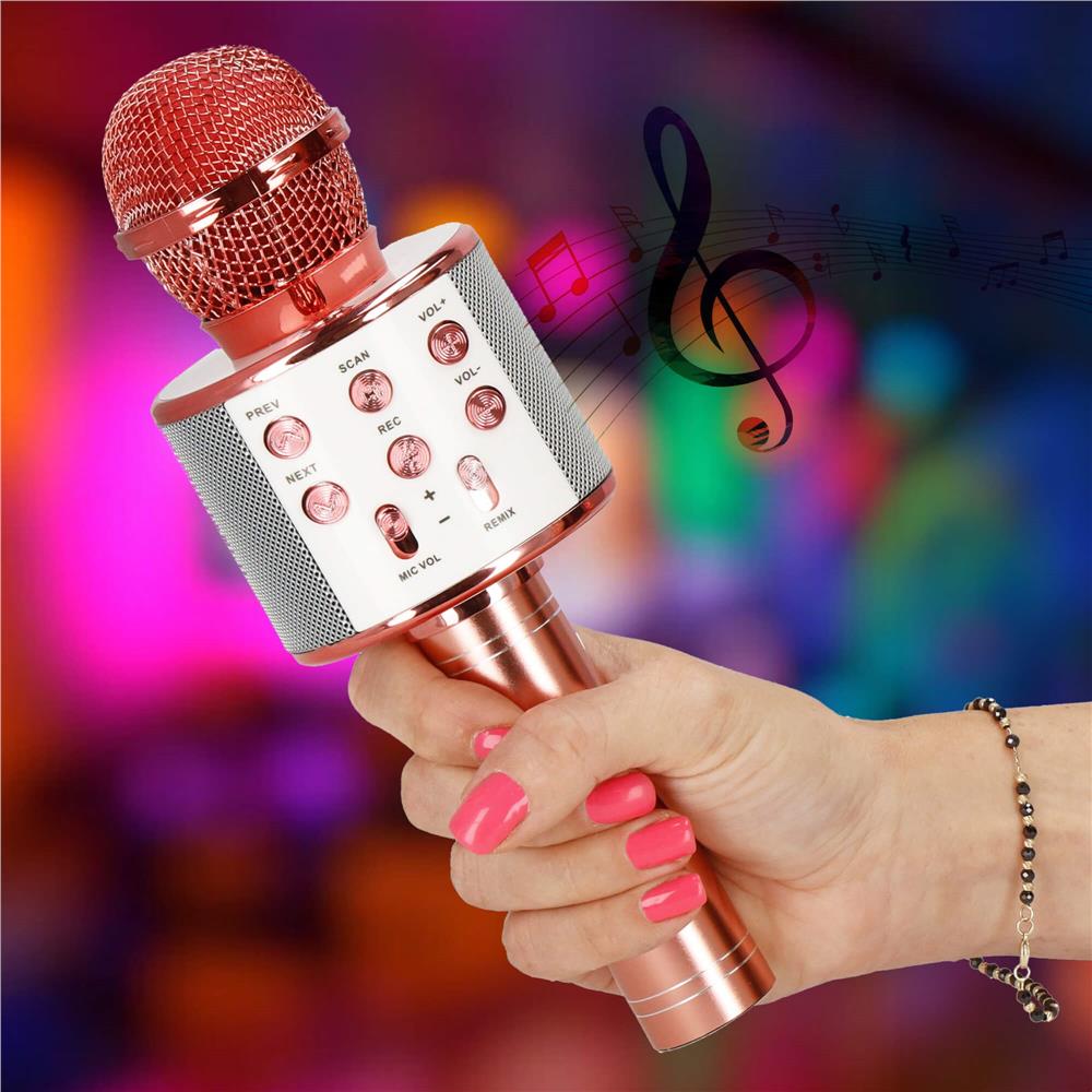 Microfon karaoke copii, wireless, cu acumulator, compatibil iOS si Android, functie de schimbare a vocii, roz