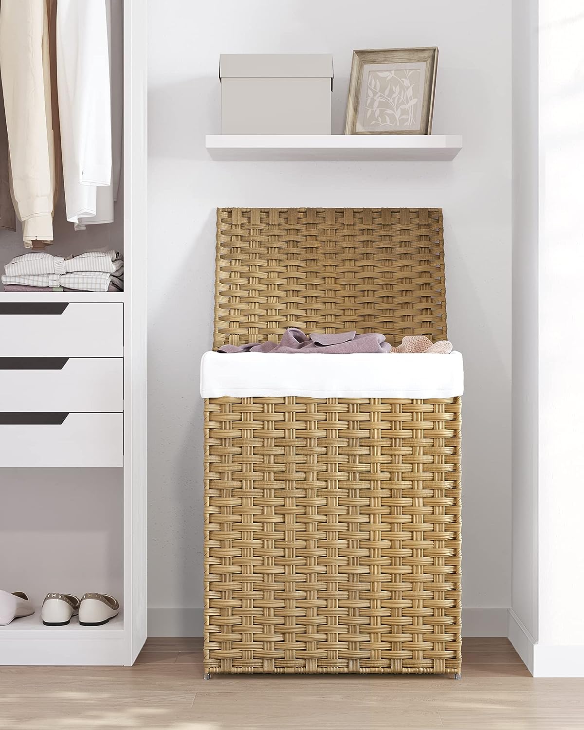 SONGMICS Cos de rufe stil ratan, cu captuseala detasabila lavabila, 90 litri, 46x33x60 cm, natural