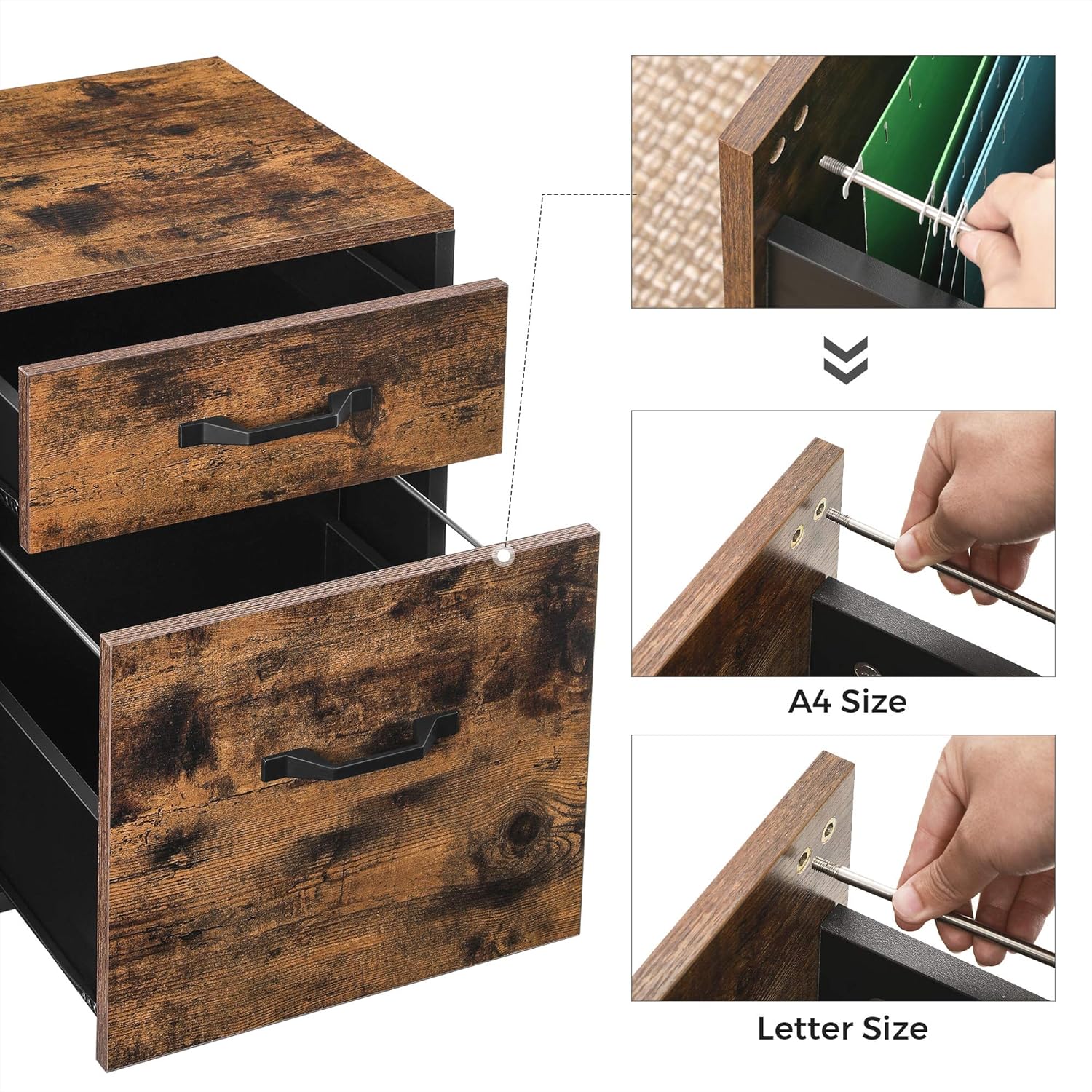 VASAGLE Dulap mobil tip rollbox pentru birouri, cu 2 sertare, stil industrial, 41x40x55cm, maro rustic
