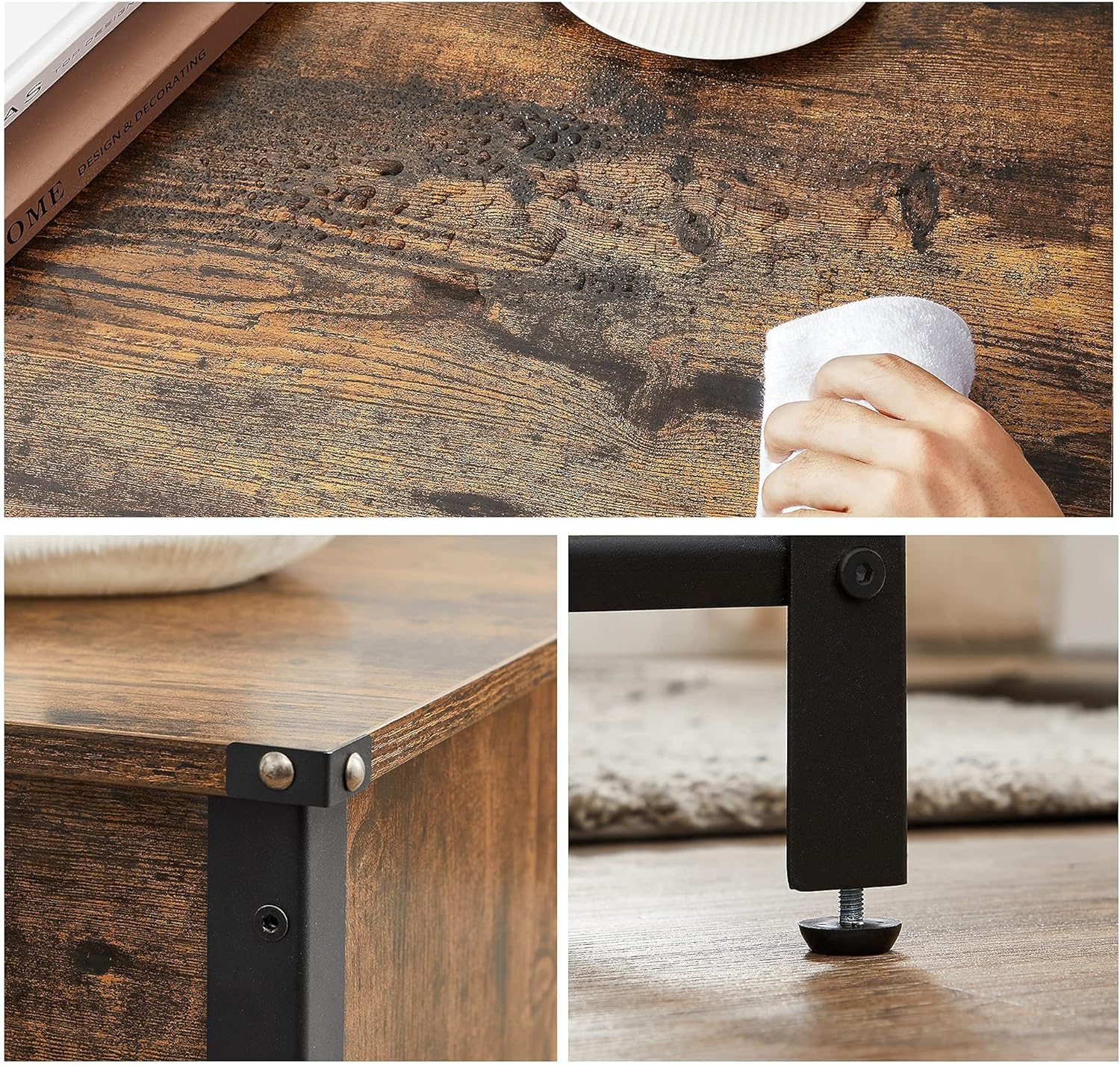 Masuta de cafea cu capac rabatabil, compartiment depozitare ascuns si raft plasa, industrial, 100x55x47cm, maro rustic si negru