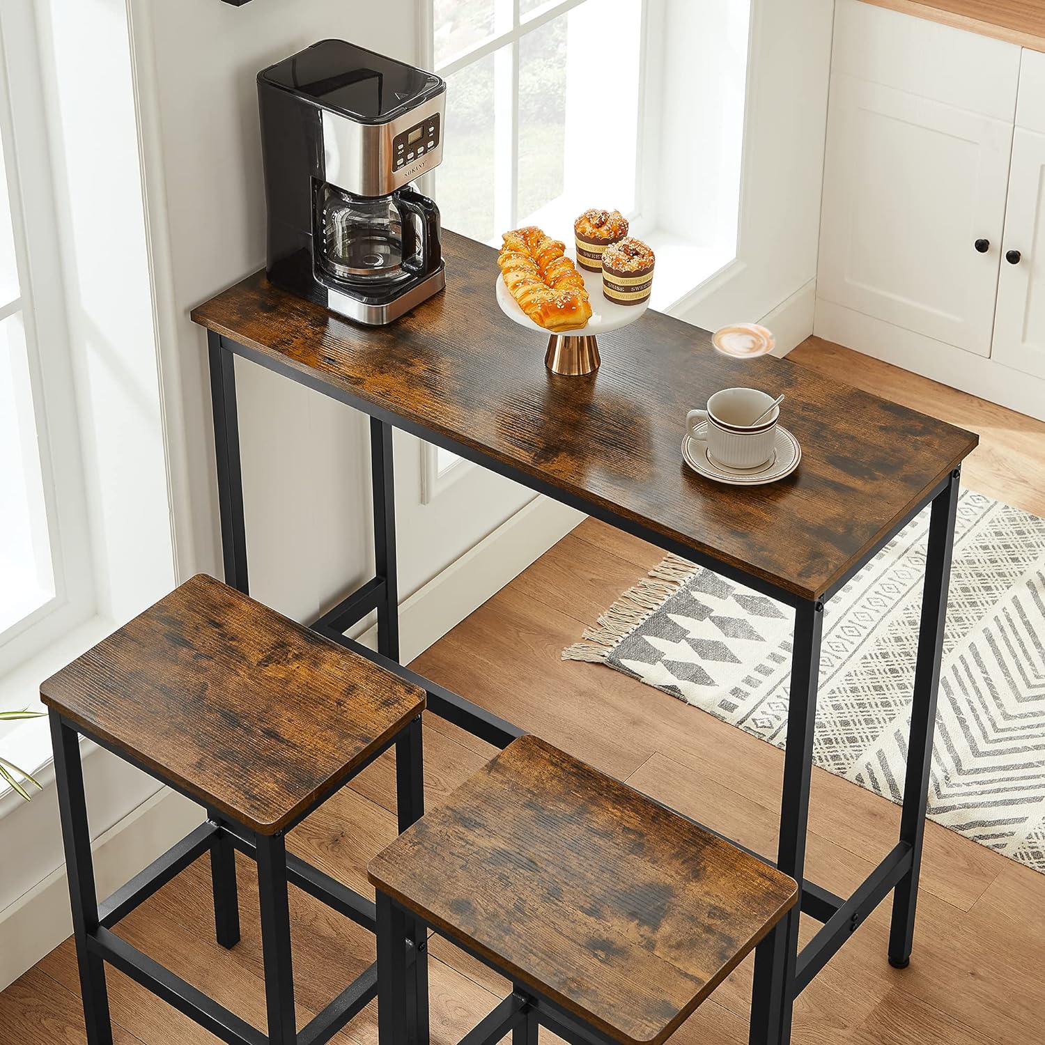 VASAGLE Set masa de bar cu 2 scaune, cadru din otel, blat lemn, design industrial, 100x40x90cm, maro rustic si negru