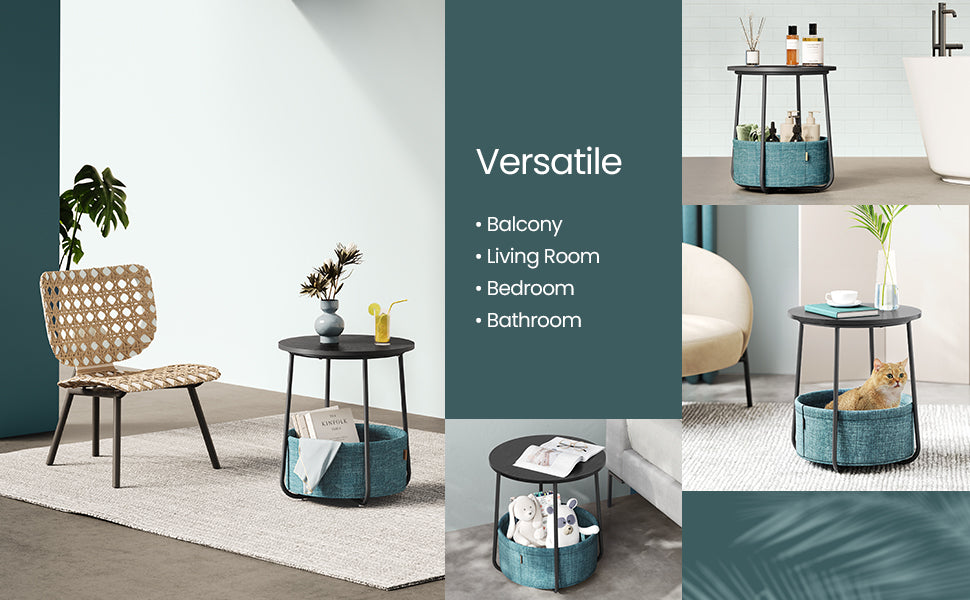 VASAGLE Masuta de cafea rotunda cu cos de stofa, stil modern, 45x50cm, negru cu turcoaz inchis