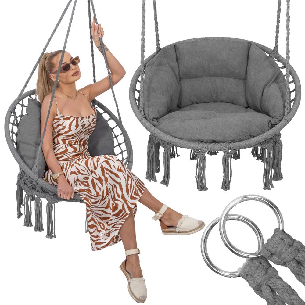 Scaun rotund Sersimo tip leagan suspendat cu perna Confort Plus casa sau gradina, gri inchis