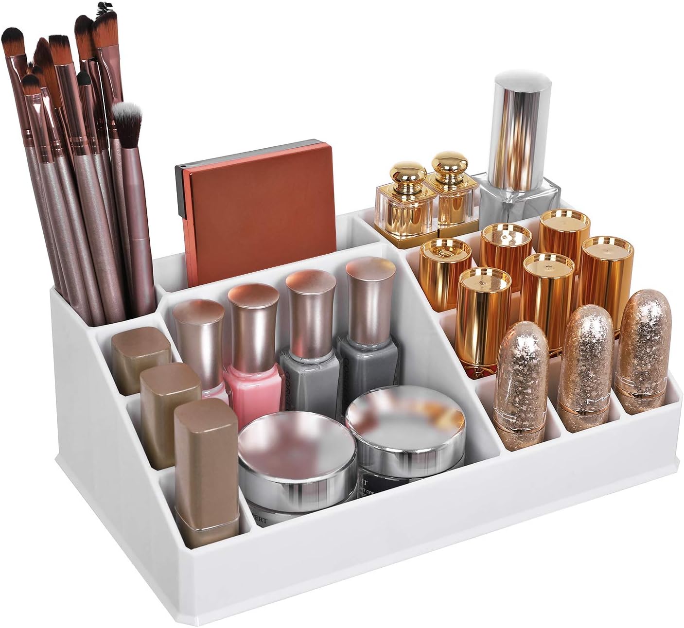 SONGMICS Organizator de cosmetice, cu 4 sertare si 16 compartimente de diferite dimensiuni, 24x14x19cm, alb
