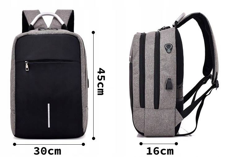 Rucsac impermeabil, cu sistem antifurt, port USB, 45x14x30cm, 25litri, negru si gri