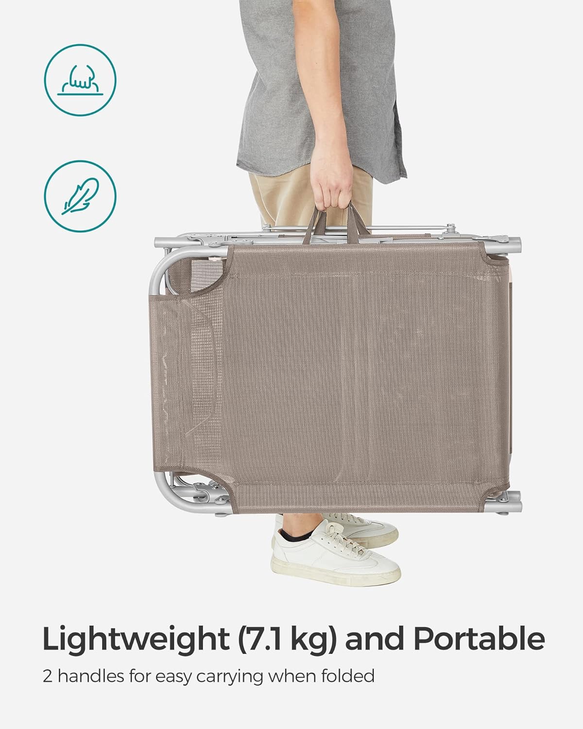 SONGMICS Sezlong pliabil, cu parasolar si tetiera, spatar reglabil in 4 pozitii, maxim 150kg, 193x53x29cm, crem