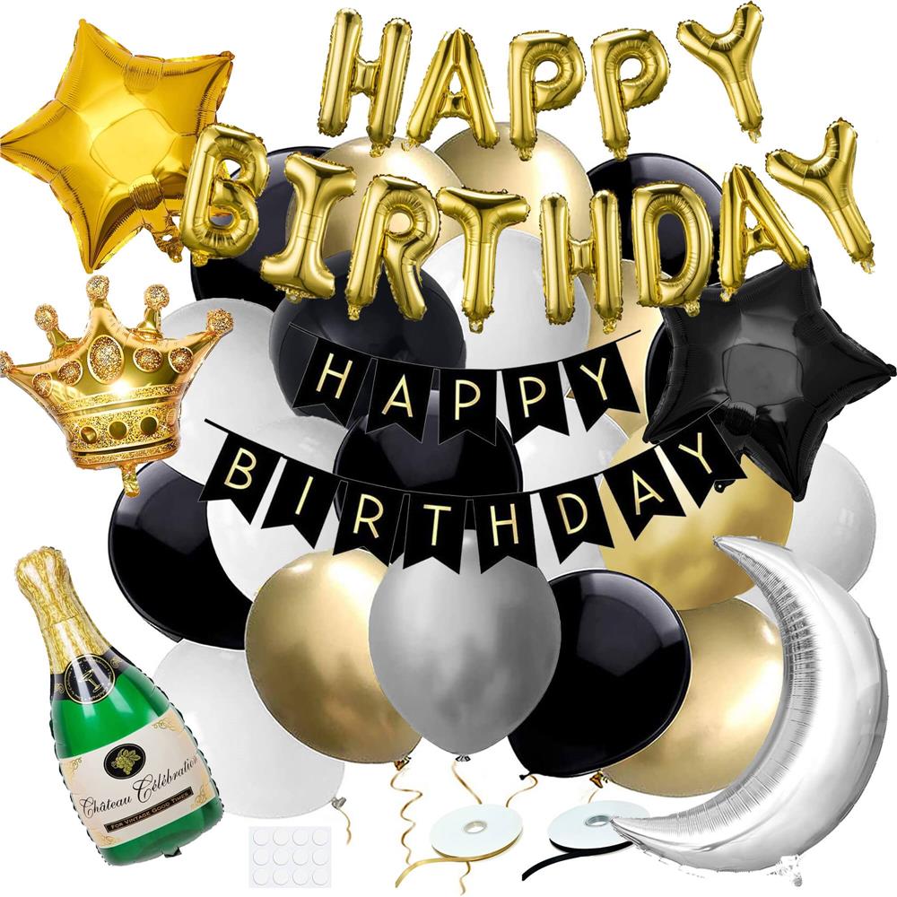 Set 53 baloane si decoratiuni, Happy Birthday, argintiu, negru, auriu