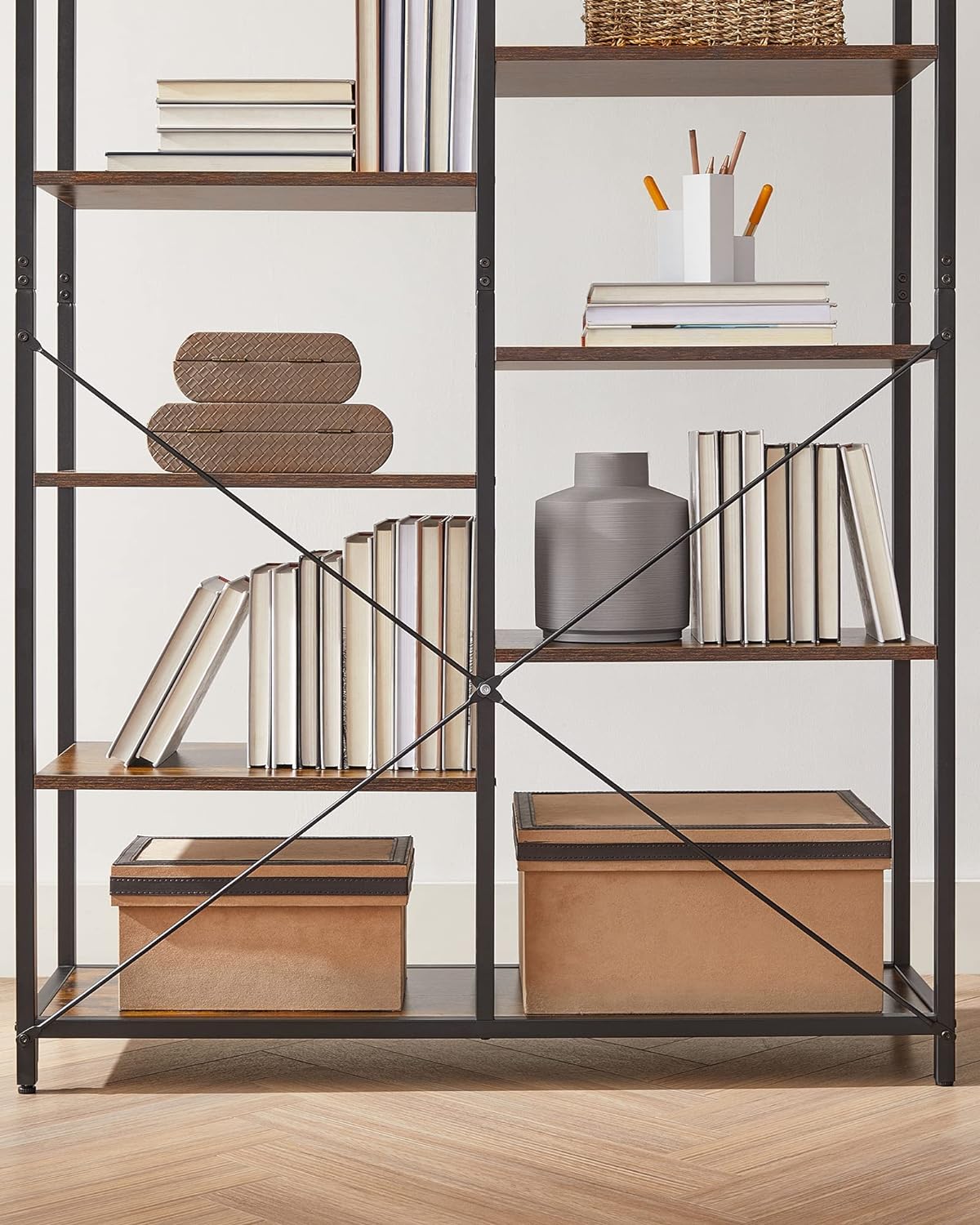Biblioteca cu suport de depozitare pe 5 etaje, 30x100x170cm, stil industrial, maro rustic si negru