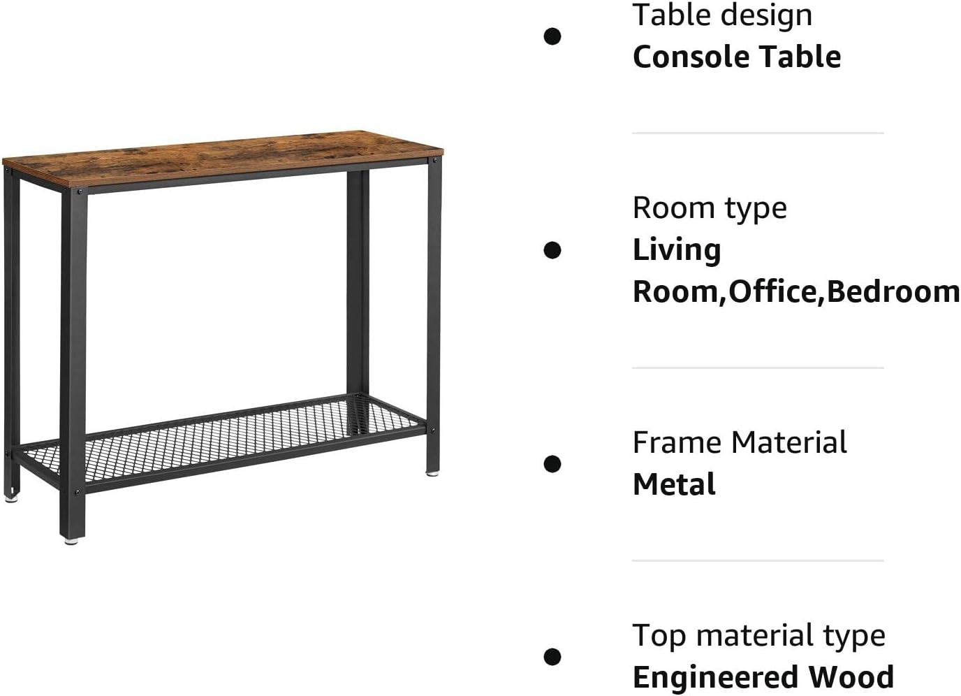 VASAGLE Masa de intrare, cadru metalic cu blat din lemn, industrial, 102x35x80cm, maro rustic si negru
