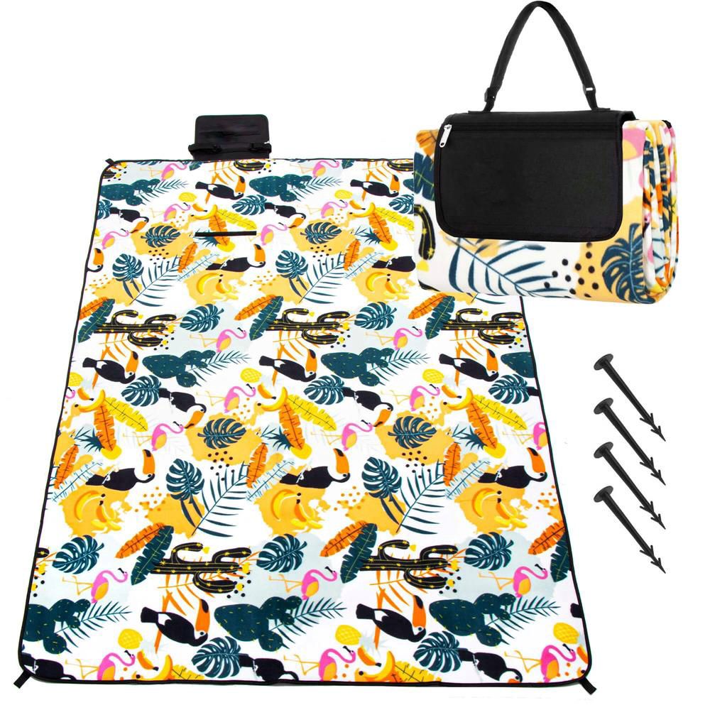 Patura pentru picnic sau plaja, cu folie izolatoare si maner, 200x200cm, model tropical, alb verde