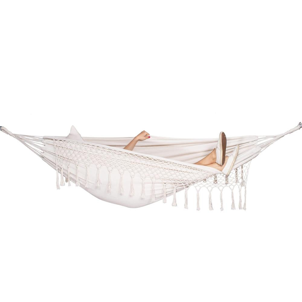 Hamac doua persoane cu franjuri si 2 perne, 200kg, 200×150 cm, bej