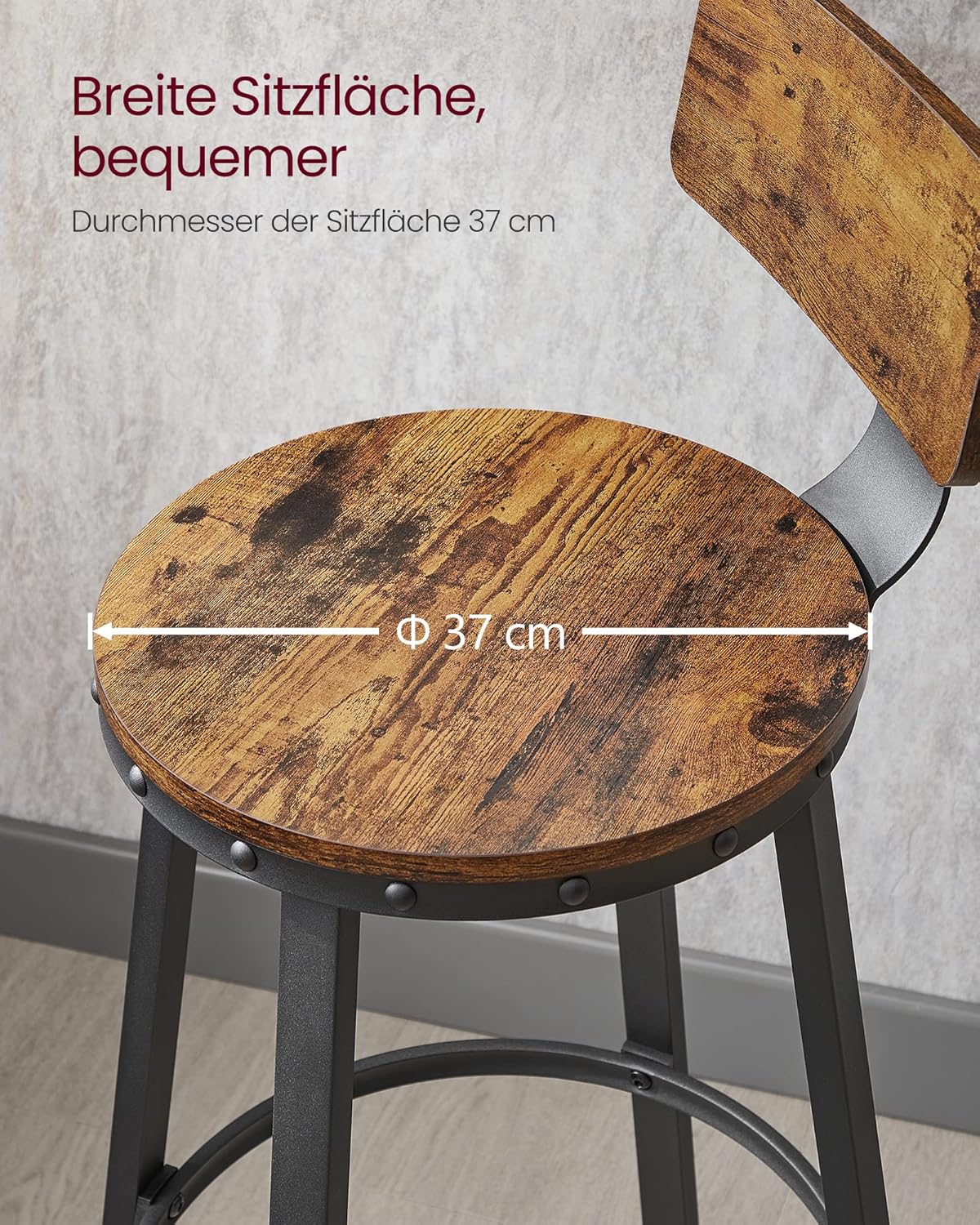 VASAGLE Set de 2 scaune de bar inalte cu spatar, cadru din otel, industrial, 51x89cm, maro rustic - 9