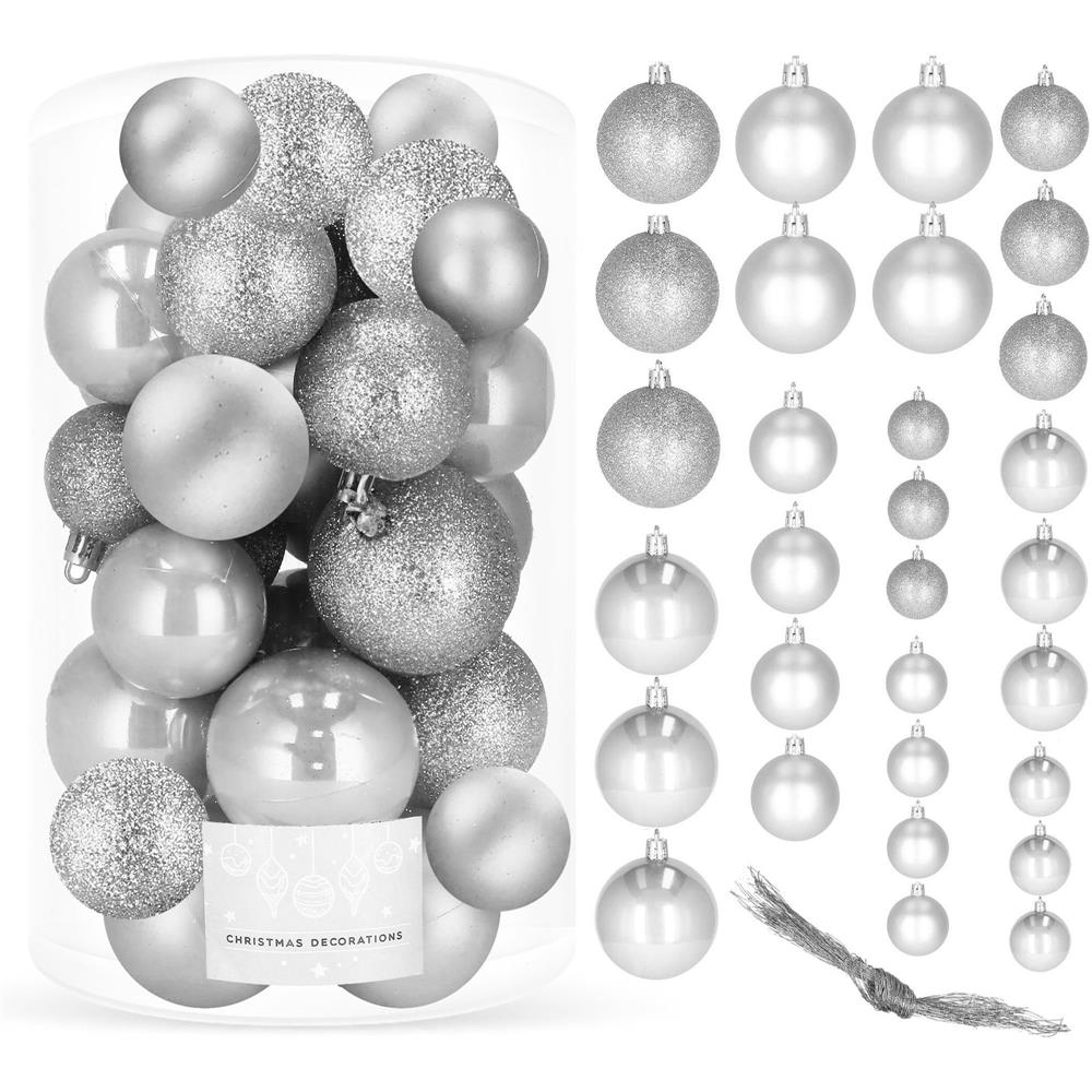Set globuri de Craciun, 30 bucati, 3 modele, 4/5/6cm, argintiu