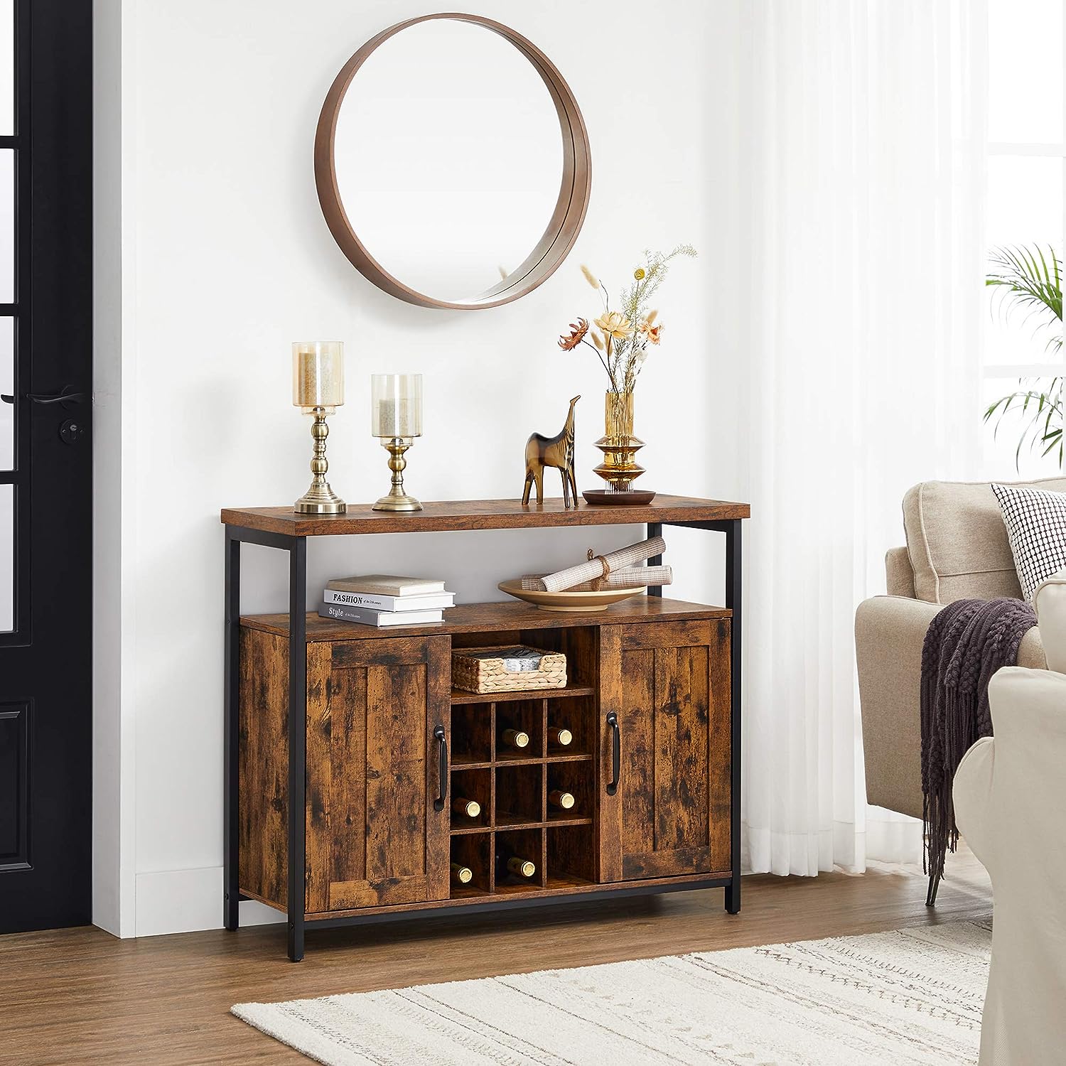 VASAGLE Comoda tip bufet, cu 2 usi si suport pentru sticle vin, stil industrial, 100x35x81cm, maro rustic si negru