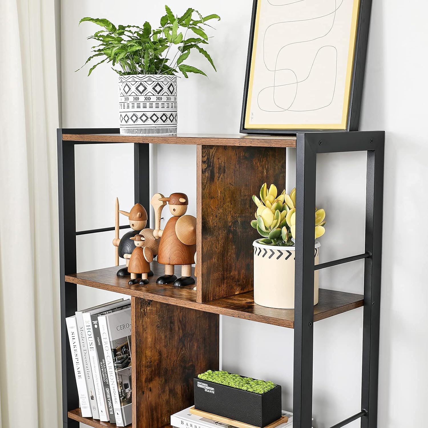 VASAGLE Biblioteca cu 4 rafturi si dulap inferior cu 2 usi, stil industrial, 74x30x155cm, maro rustic