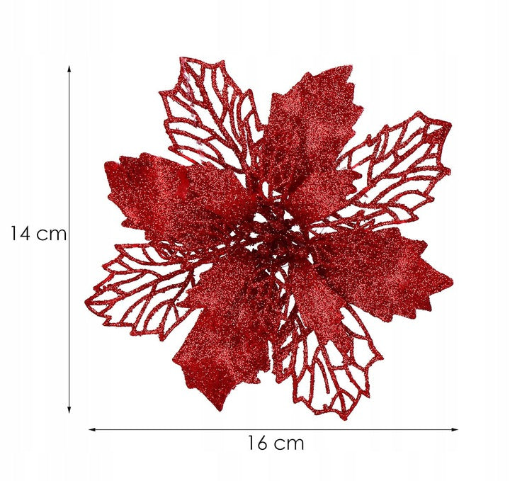 Set 10 ornamente pentru bradul de Craciun, stea Poinsettia, 16cm, visiniu