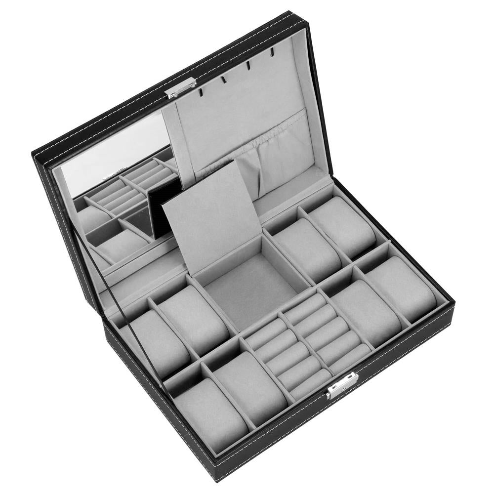 Cutie depozitare si organizare ceasuri si alte accesorii, MDF, piele ecologica, 30x20x8cm, negru