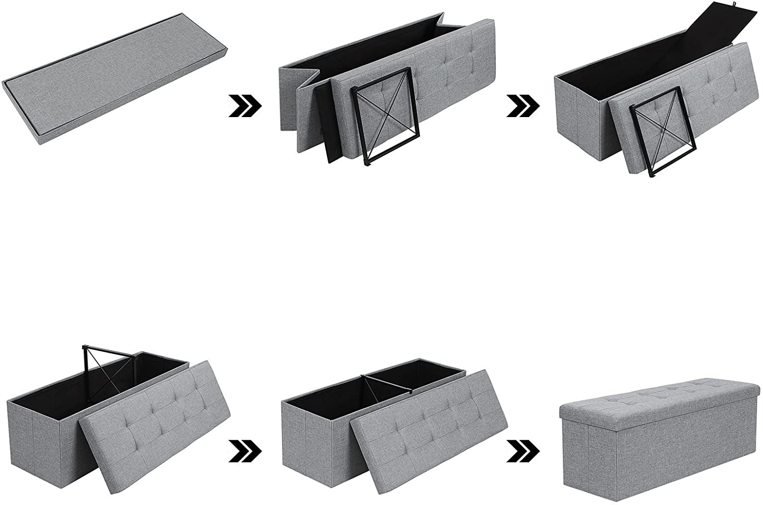 SONGMICS Taburet pliabil cu sezut moale, spatiu de depozitare 131litri, maxim 300kg, 110x38x38cm, gri