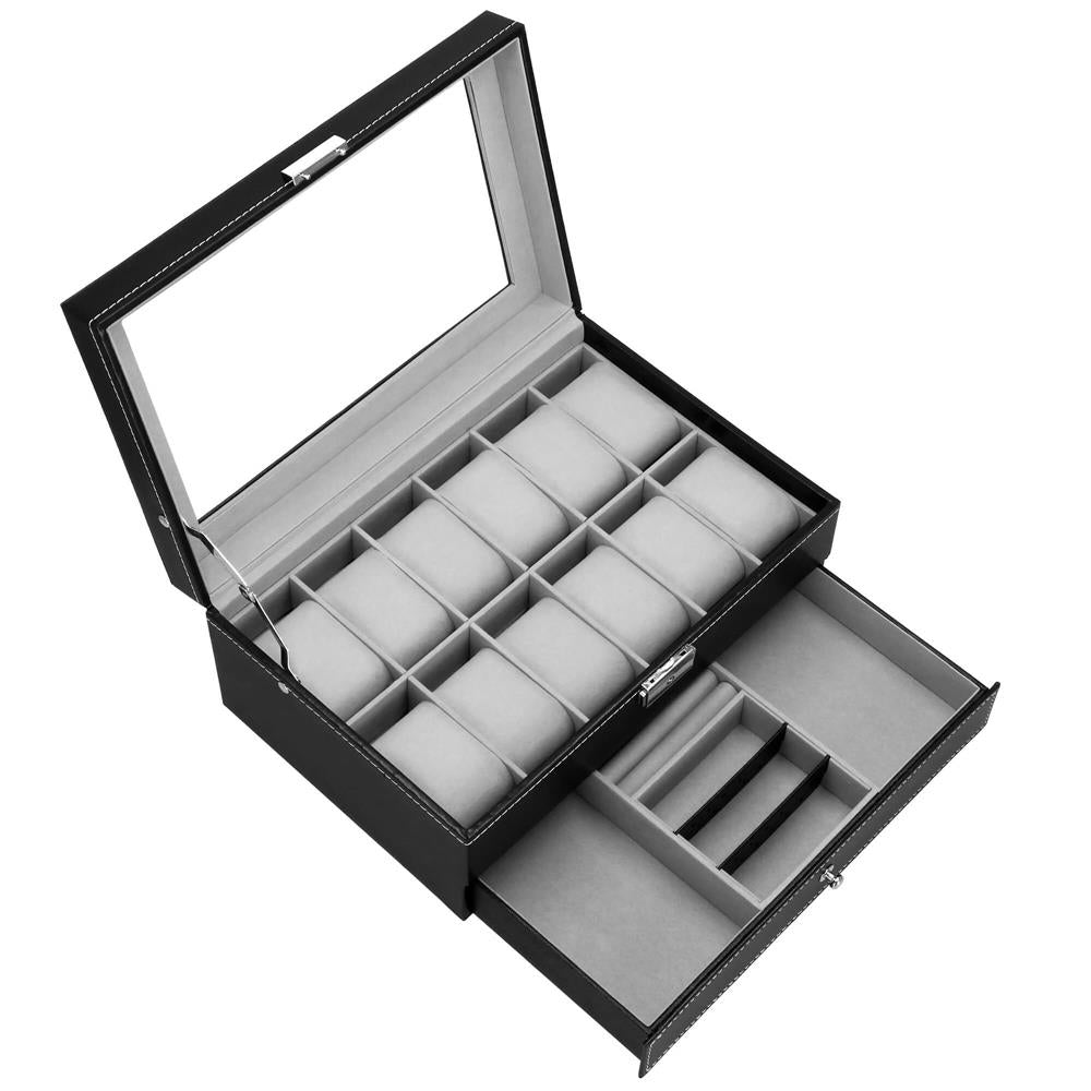 Cutie depozitare si organizare ceasuri si alte accesorii, MDF, piele ecologica, 30x20x13cm, negru