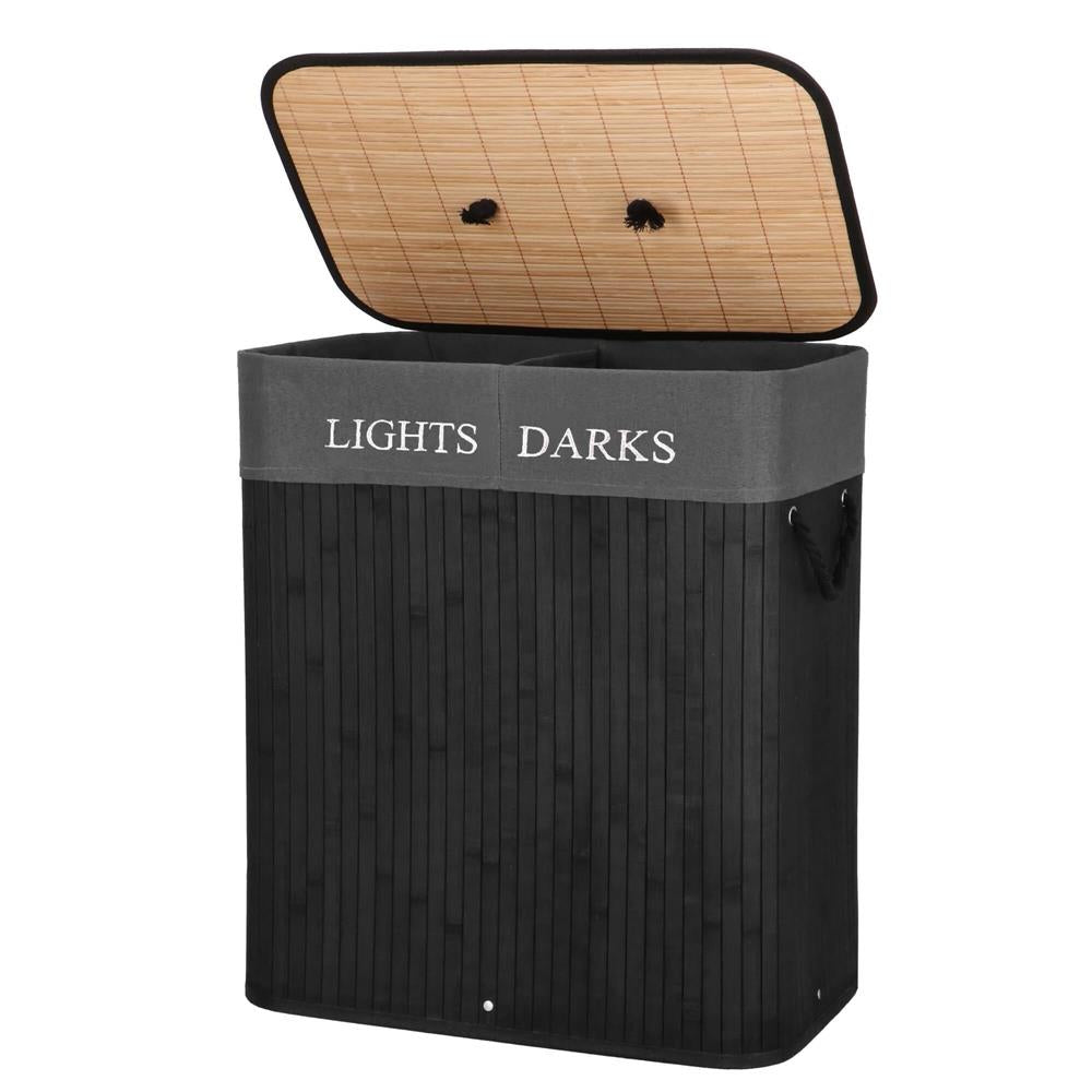 Cos de rufe din bambus cu capac, 2 compartimente, sac detasabil, volum 100L, 54x34x60cm, negru