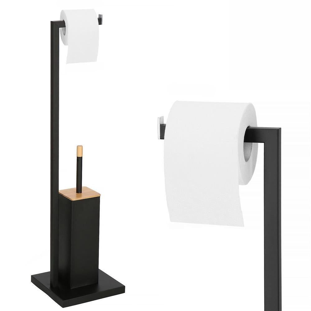 Stand cu perie WC si suport hartie igienica, metal si bambus, 79cm, negru