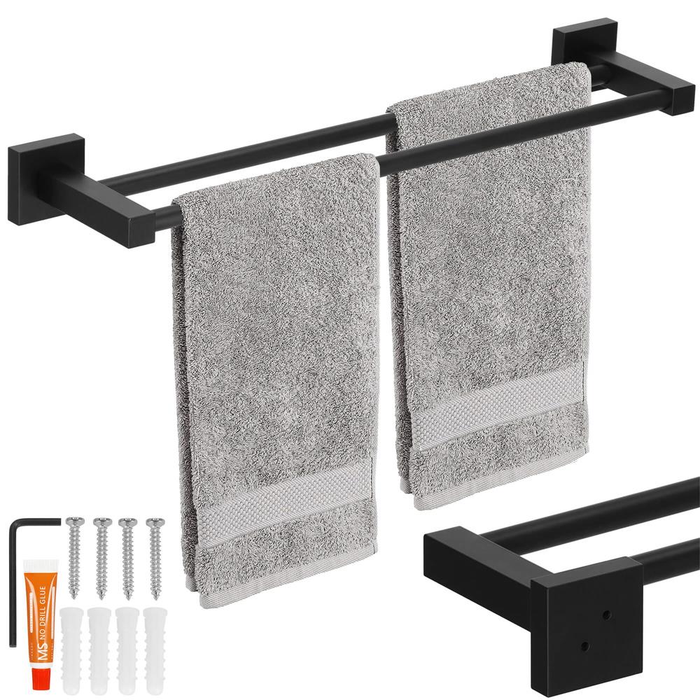 Suport prosoape pentru baie cu 2 sisteme de instalare, 2 brate, din aluminiu, 50x11cm, negru