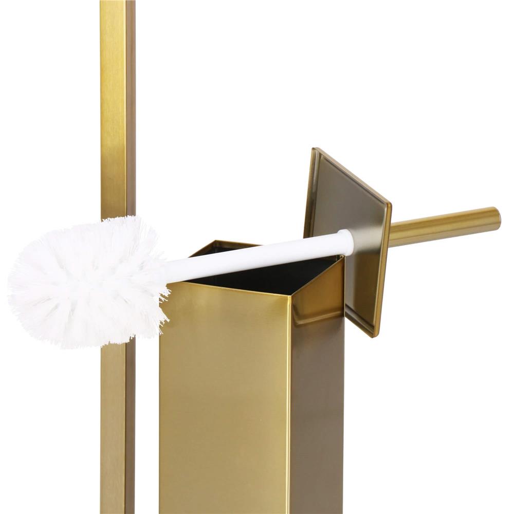 Stand cu perie WC si suport hartie igienica, metal si bambus, 67cm, auriu