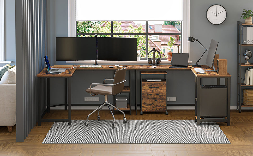 VASAGLE Birou de colt in forma de L, cu 2 rafturi de depozitare, 138x138x75cm, industrial, maro rustic si negru