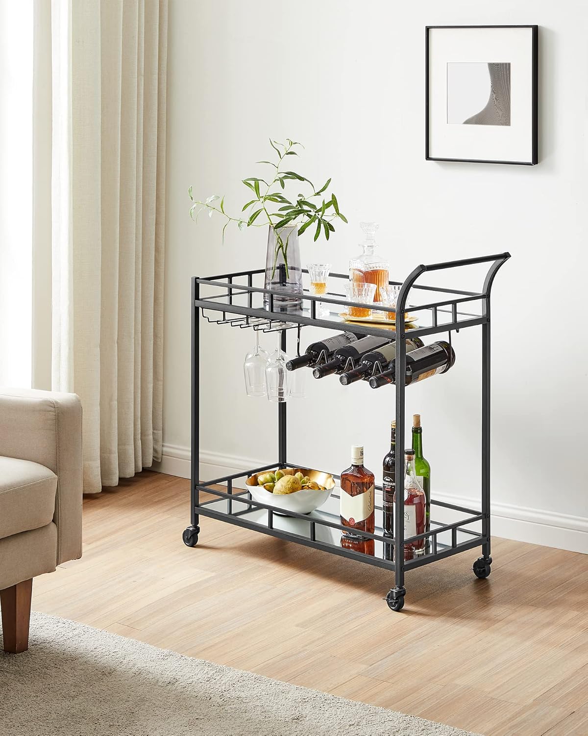 VASAGLE Carucior de servire pentru vin, suport sticle si pahare, cu 2 rafturi din sticla, 38x86x90 cm, negru