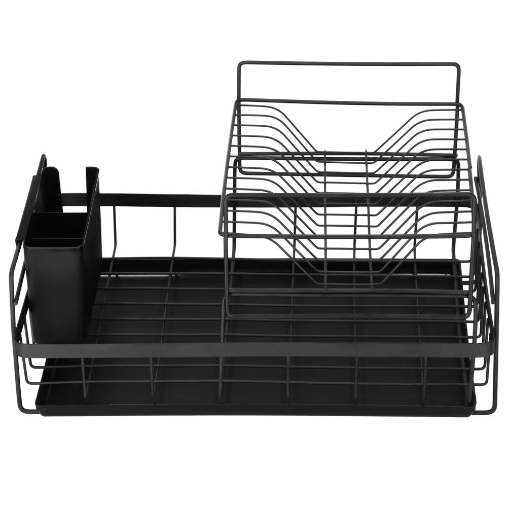 Uscator de vase cu suport tacamuri, din otel, pe 2 nivele, cu tava de scurgere, 50x30x24cm, negru