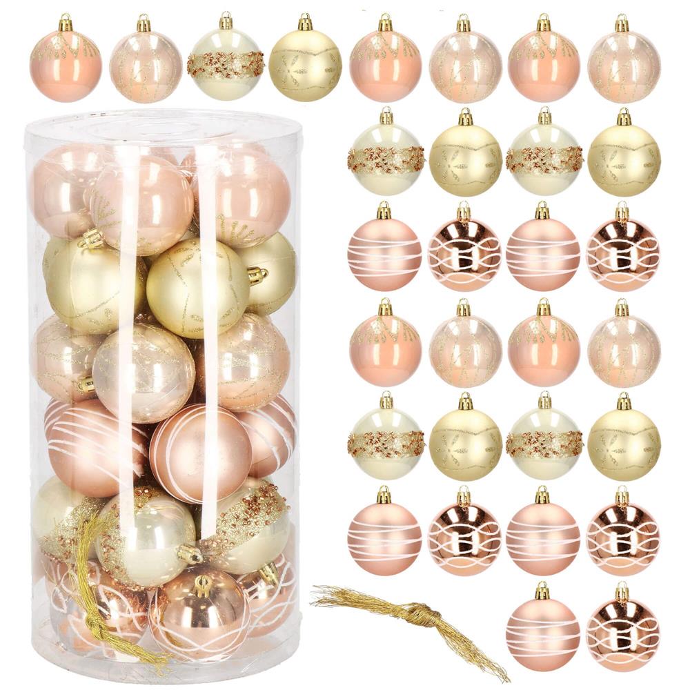 Set globuri de Craciun cu modele de sarbatori, 30 bucati, 6cm, roz si auriu