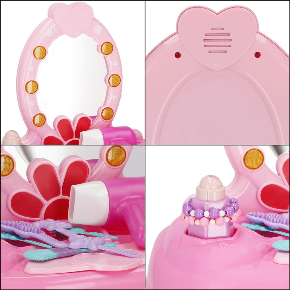 Masa toaleta pentru copii, cu taburet, 19 accesorii joaca, din plastic, 37x20x60 cm, roz