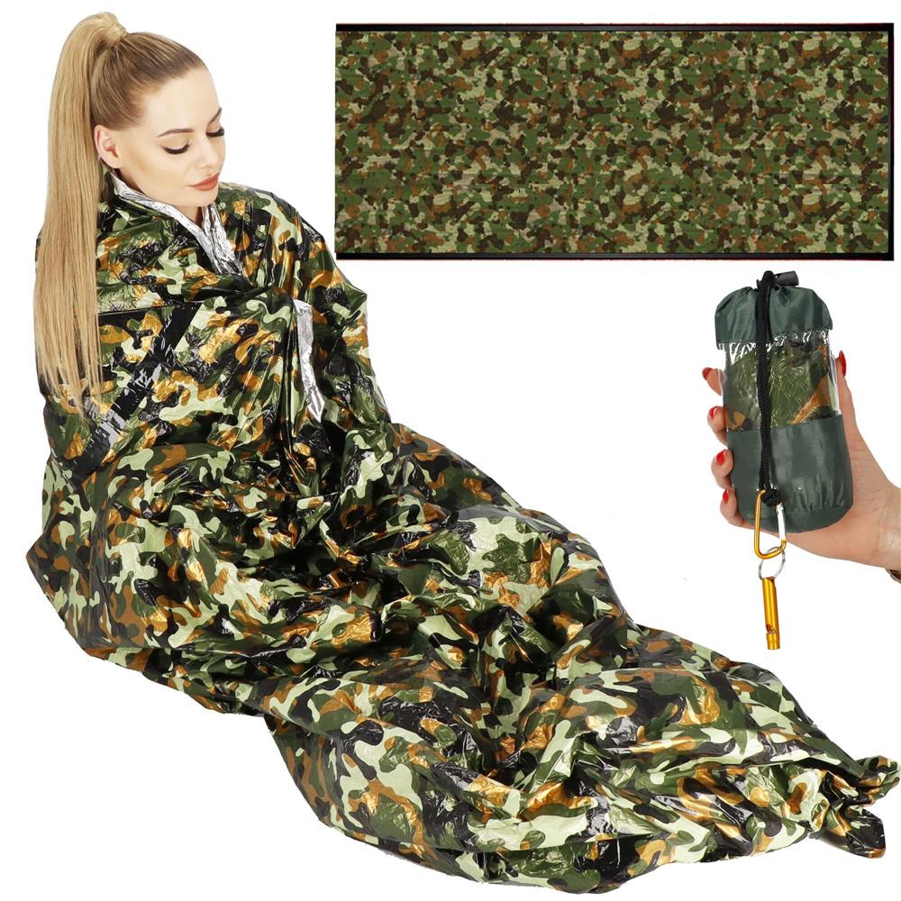 Sac de supravietuire anti hipotermie, umezeala, ploaie si vant, 120x200cm, verde camuflaj