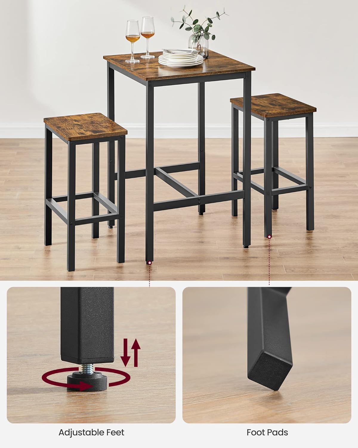 VASAGLE Set masa si scaune de bar, masa 60x60x90cm si 2 scaune 30x40x65cm, stil industrial, maro rustic