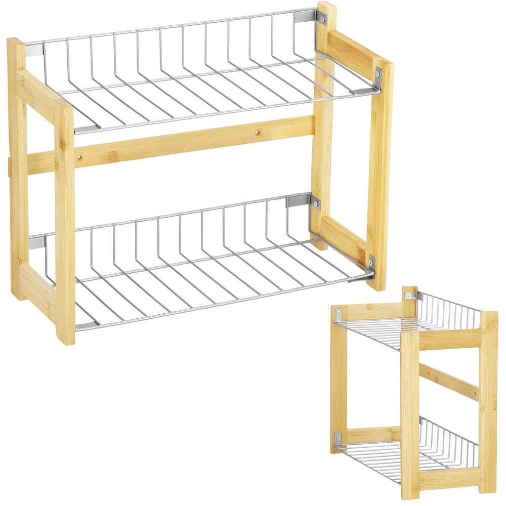 Suport organizator multifunctional cu 2 etaje, bambus si metal, 33x14x25cm