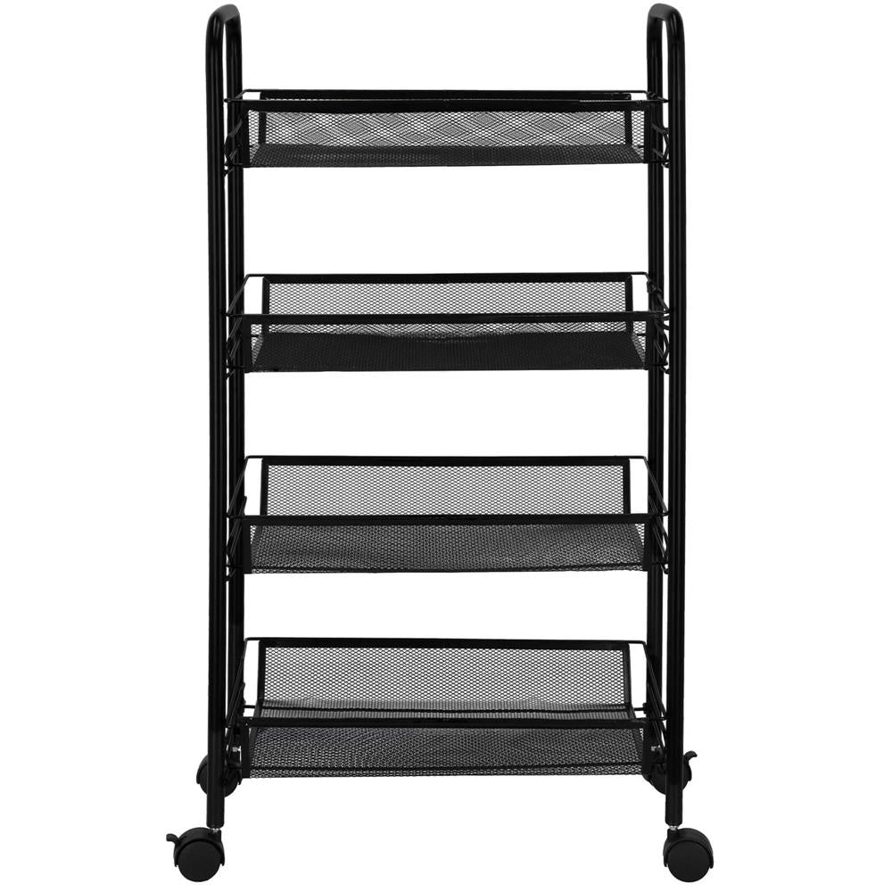 Raft metalic mobil tip carucior pentru bucatarie, 4 polite si 4 agatatori, negru, 44x26x85cm
