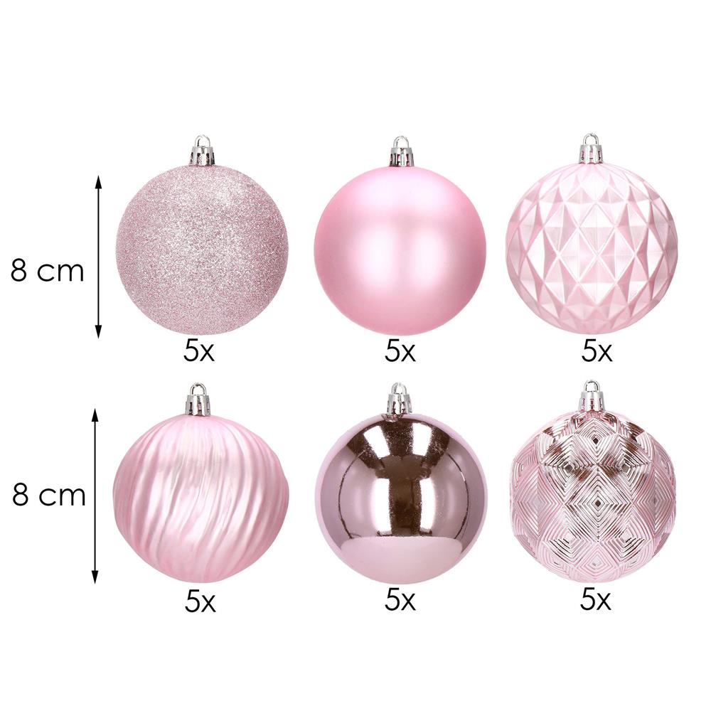 Set globuri de Craciun, 30 bucati, 6 modele, 8cm, roz