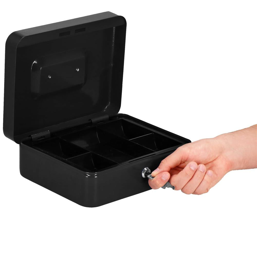 Caseta pentru bani tip cutie de valori, compartimentanta, cu cheie, metal, 30x24x9cm, negru