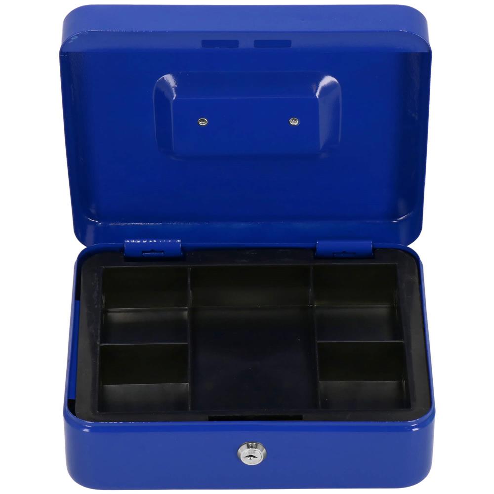 Caseta pentru bani tip cutie de valori, compartimentanta, cu cheie, metal, 20x16x9cm, albastru