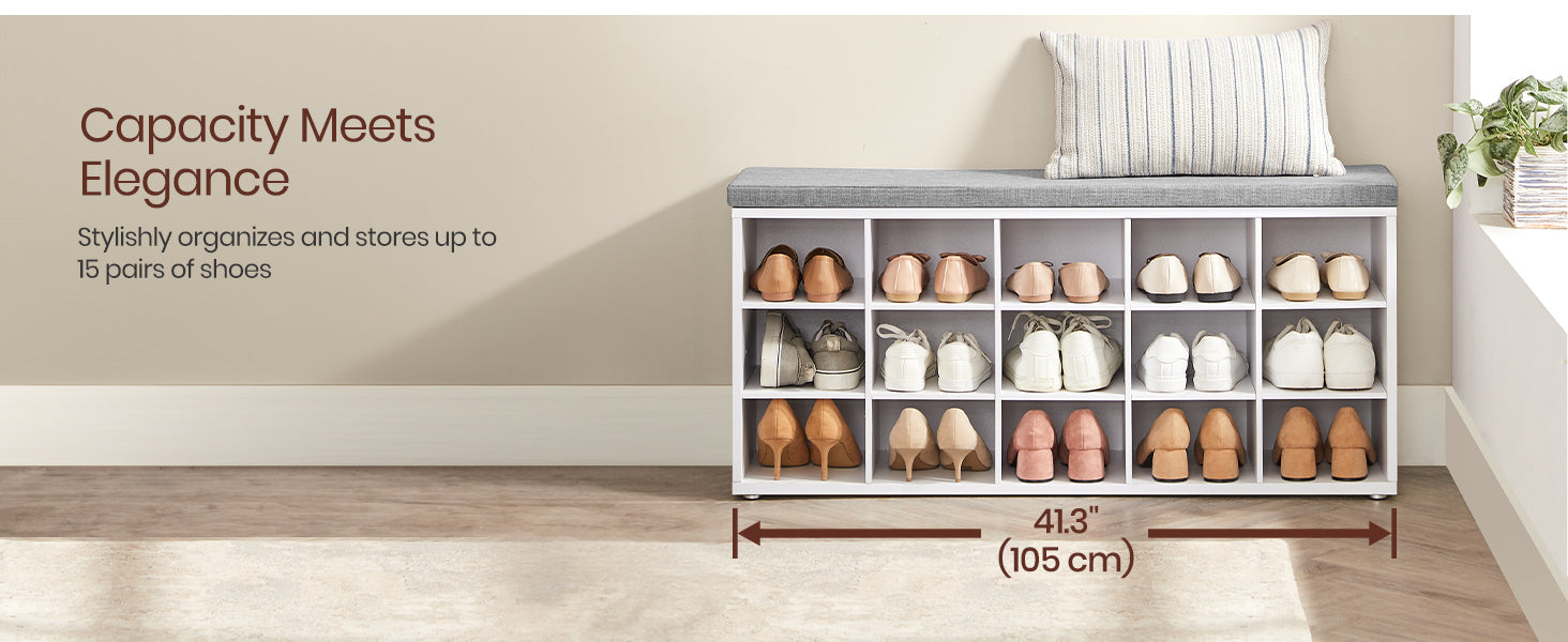 VASAGLE Banca pentru hol cu suport pentru pantofi, 15 compartimente, cu perna, 30x105x48cm, alb