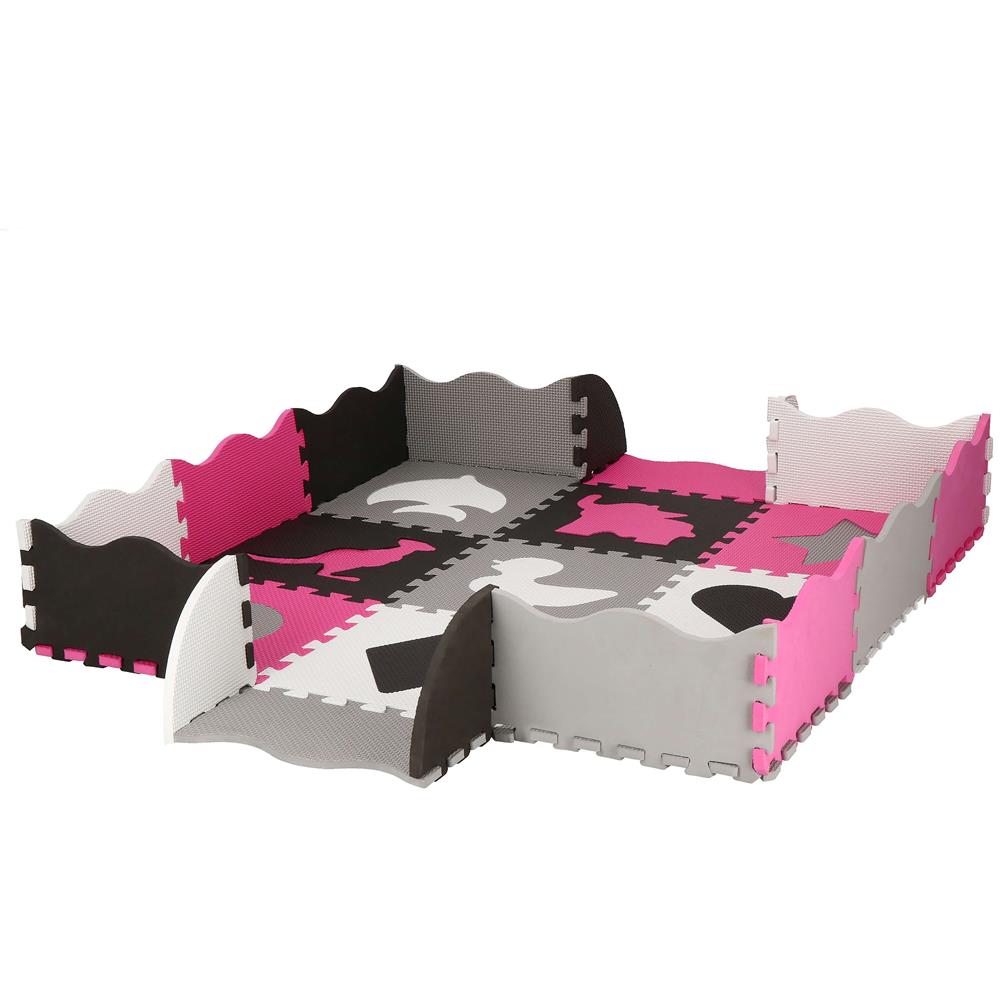 Covor din spuma pentru copii, tip puzzle forme, 34 piese, termoizolant, 120×120 cm, gri roz